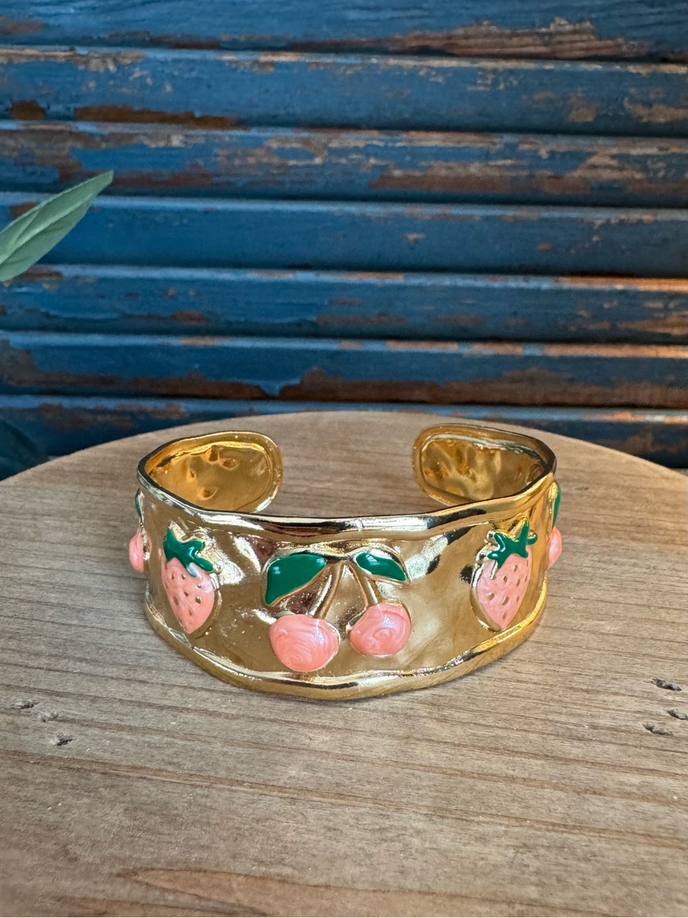 Gold Fruit Accent Cuff Bracelet with Pink Enamel Fruit